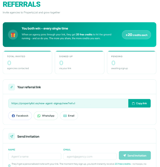 Referrals screen showing referral link and 20 free credits for both agencies