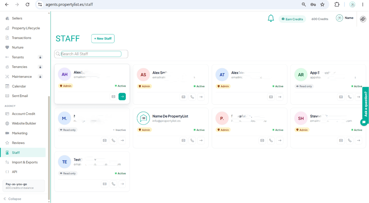 Staff screen showing team member cards with Admin and Read only roles