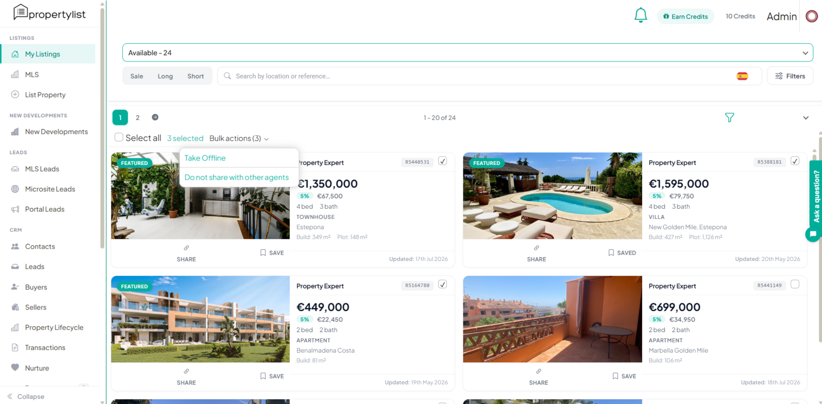 My Listings page with three properties selected and the Bulk actions menu open showing 