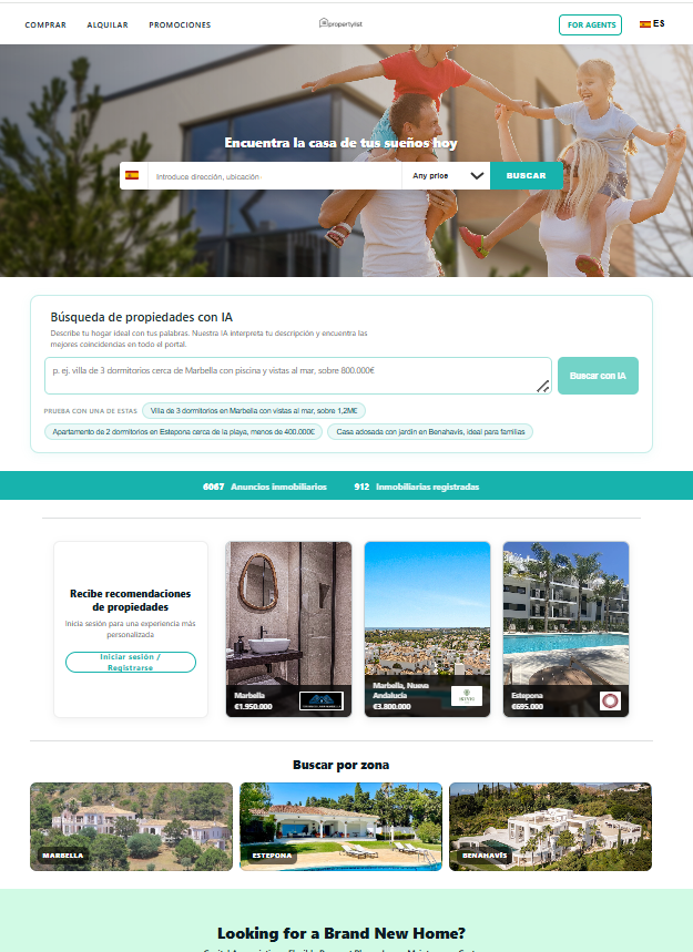 Página de inicio del portal PropertyList