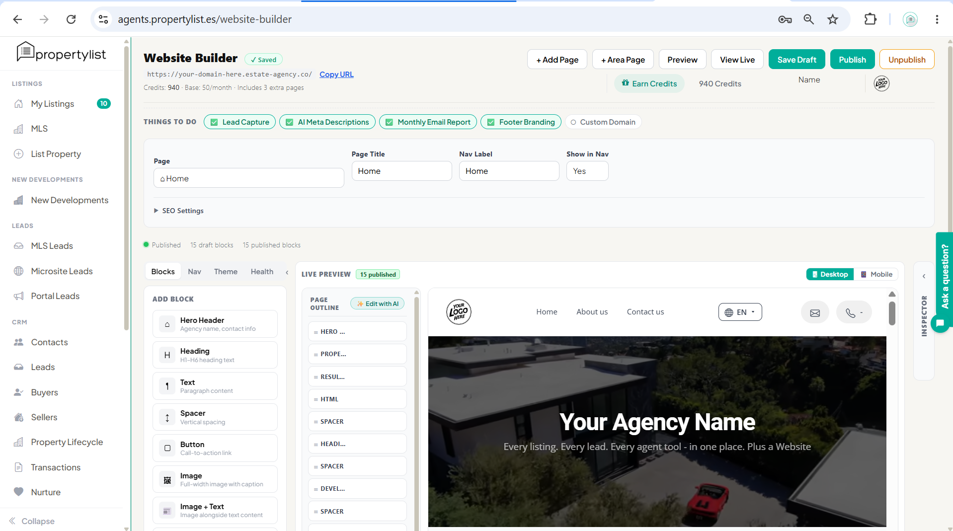 El espacio de trabajo del Constructor de Sitios Web