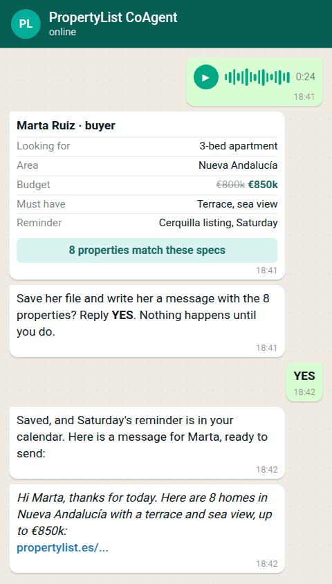 A WhatsApp chat with CoAgent, showing a voice note about a viewing turned into a proposed CRM update