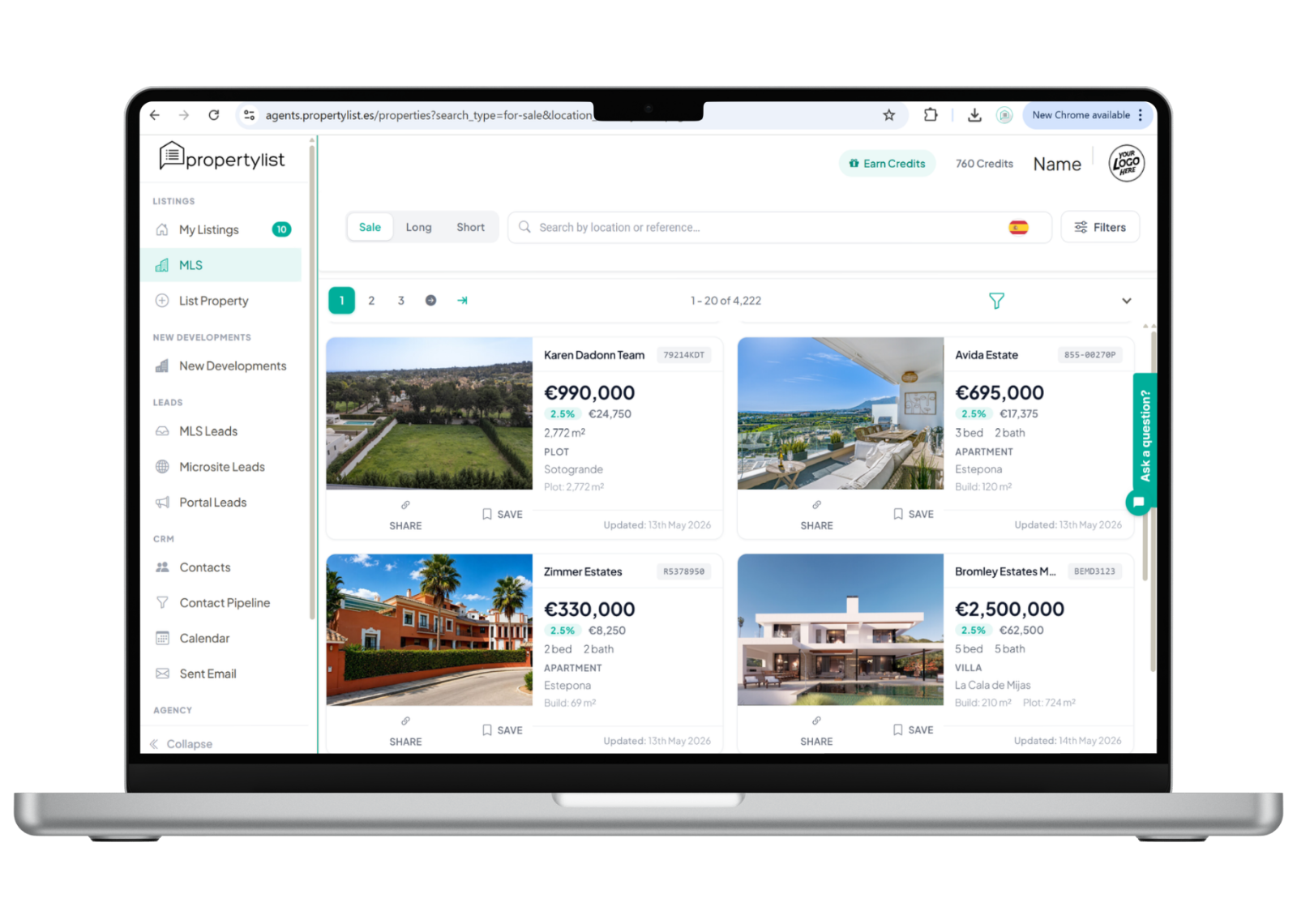 Panel del MLS de PropertyList con 4.222 propiedades en España, filtros, listados y herramientas CRM