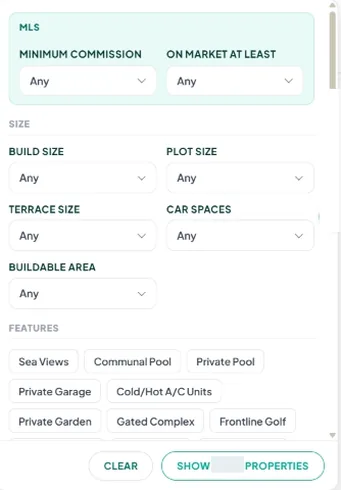 The More panel of the MLS search in the PropertyList CRM: the MLS filters Minimum commission and On market at least, size filters for build size, plot size, terrace size, car spaces and buildable area, and feature buttons such as Sea Views, Communal Pool and Private Pool, with Clear and Show buttons.