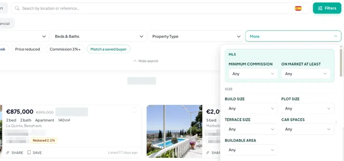 The MLS search in the PropertyList CRM: Sale, Long and Short tabs, Price, Beds and Baths and Property Type filters, quick views including Commission 3%+, and the More panel open with the MLS filters Minimum commission and On market at least, size filters and features, beside a list of listings with agency names blurred.