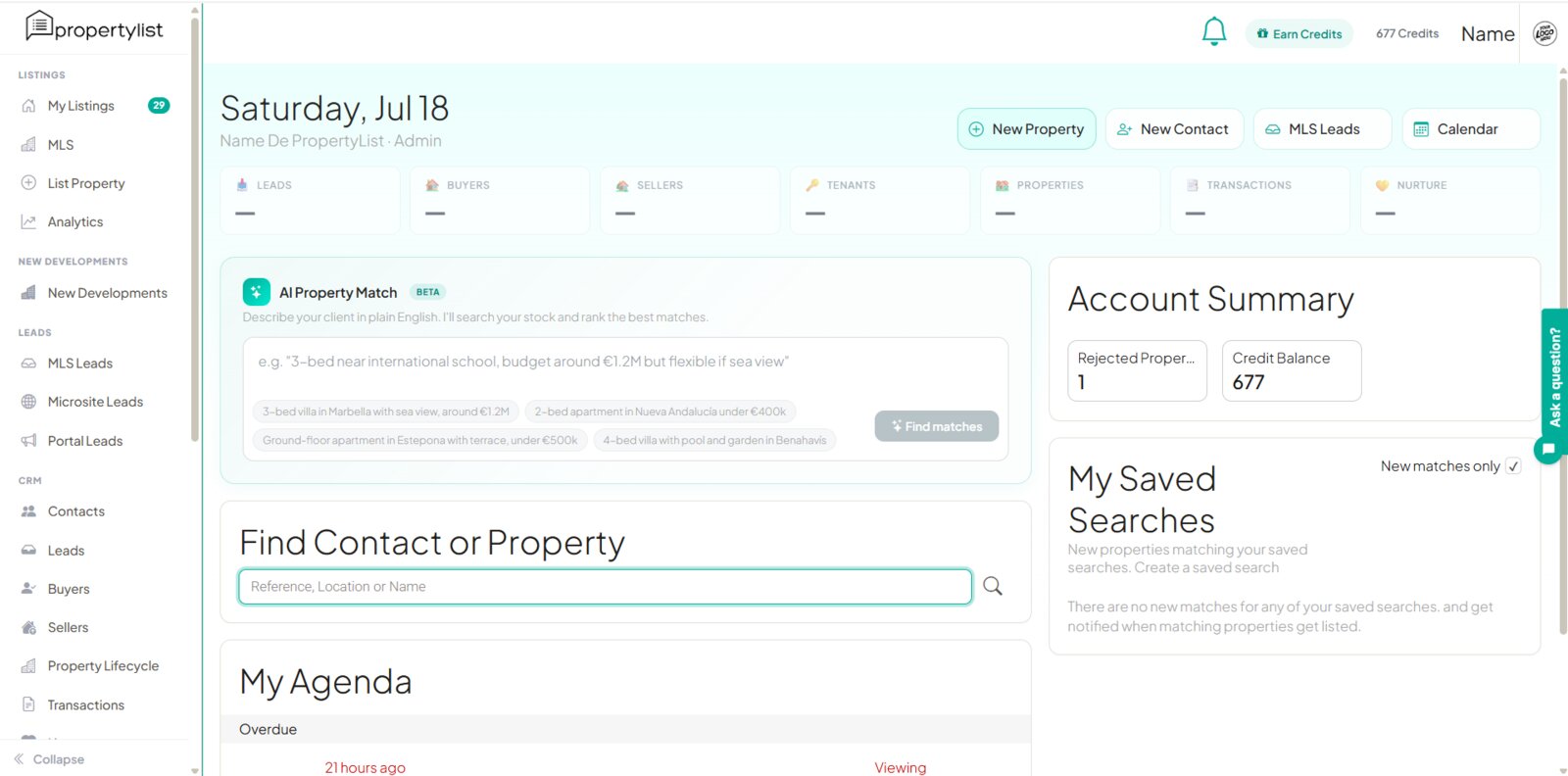 The PropertyList CRM dashboard with pipeline boards and AI Property Match