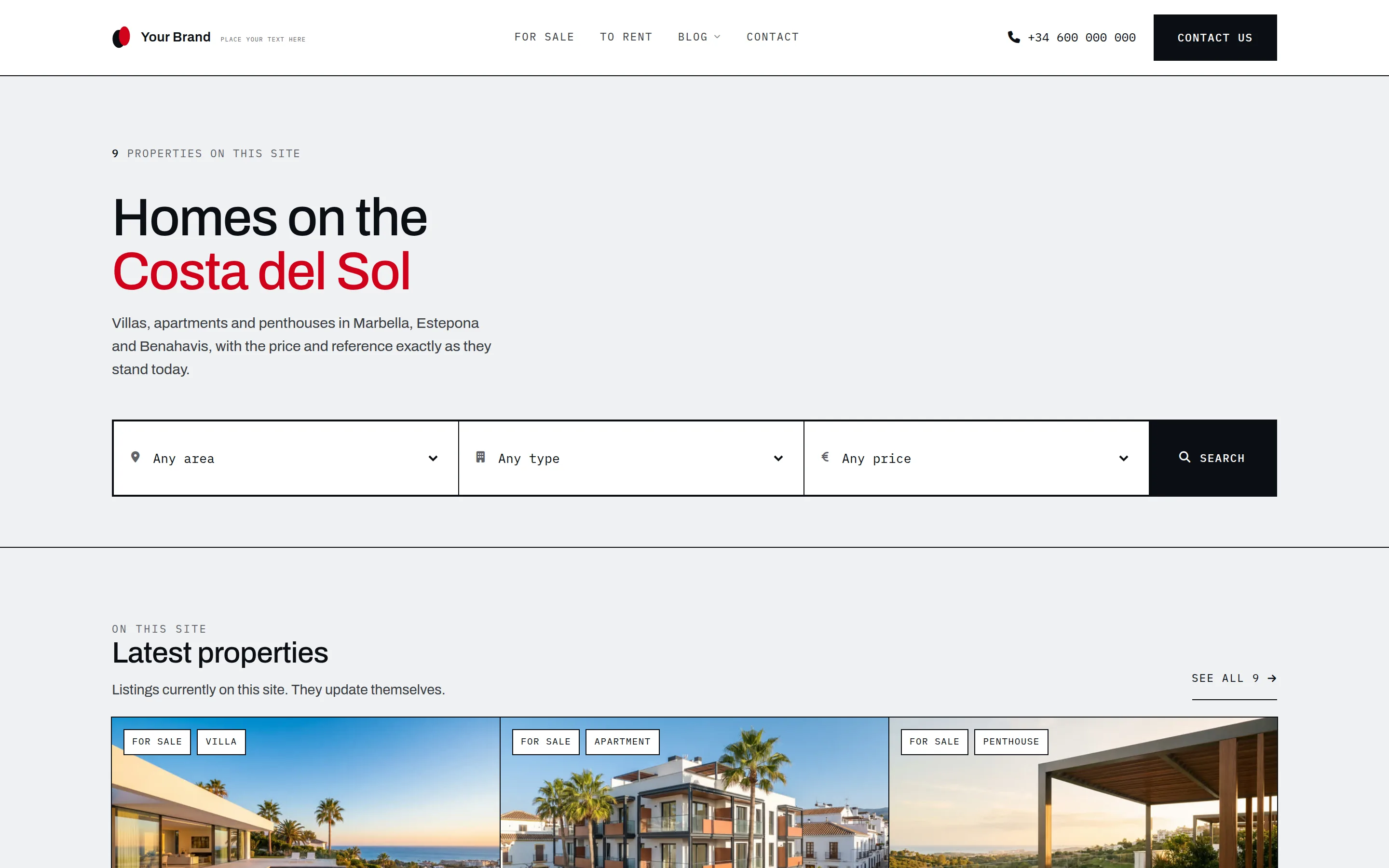 Atrium template, home page on a desktop screen