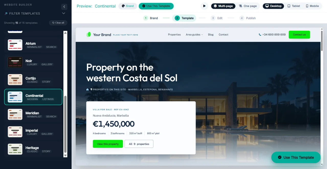 The Website Builder template picker, with the Continental design previewed as a finished agency website