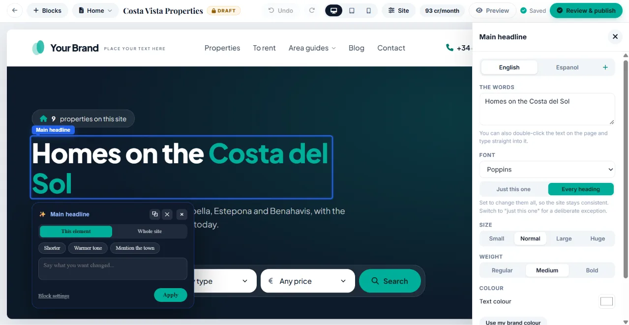 The editor with the main headline selected and its settings open: the words in English and Spanish, font, size, weight and colour